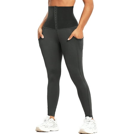 

SEASUM Women s High Waist Trainer Corset Leggings Side Pockets Body Shaper Workout Pants Gray 3XL