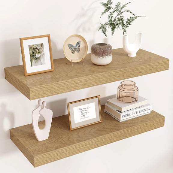 Floating Shelves for Wall, Engineered Wood Wall Shelves with Invisible Brackets for Living Room Bedroom Bathroom Office Kitchen Decor and Storage (Oak, 24" W x 9" D x 1.5" H) Set of 2