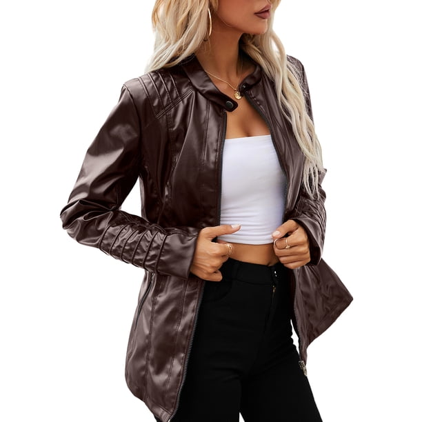 Chaqueta de cuero sintético para mujer Chaqueta delgada de motocicleta con bolsillos con cremallera Abanopi Café/3X-grande