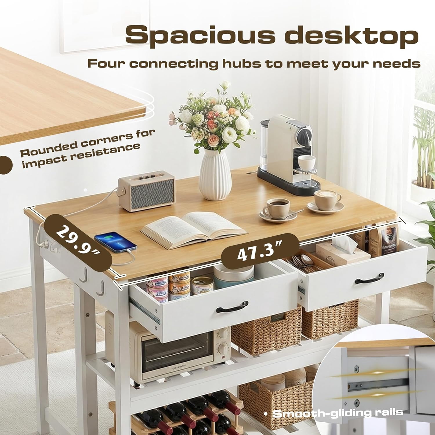 Grepatio Kitchen Island with Power Outlets, 47 Inches Width Kitchen Shelf with Large Worktop, Wooden Island Counter with Shelves, 2 Drawers, and 4 Hooks for Living Room, White and Natural