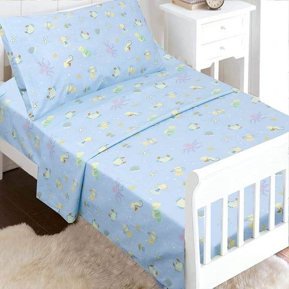Beach Sea Shells Ocean Critters Fish 3 Piece Blue Cotton Toddler Sheet Set