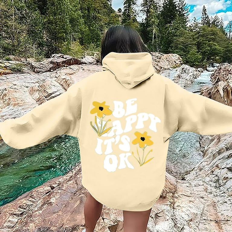 パーカー・フーディ SATUR Capri Citron Drawing Graphic Hooded Sweatshirt Blossom QYZEU Womens Streetwear Flower Graphic Letter Print Long