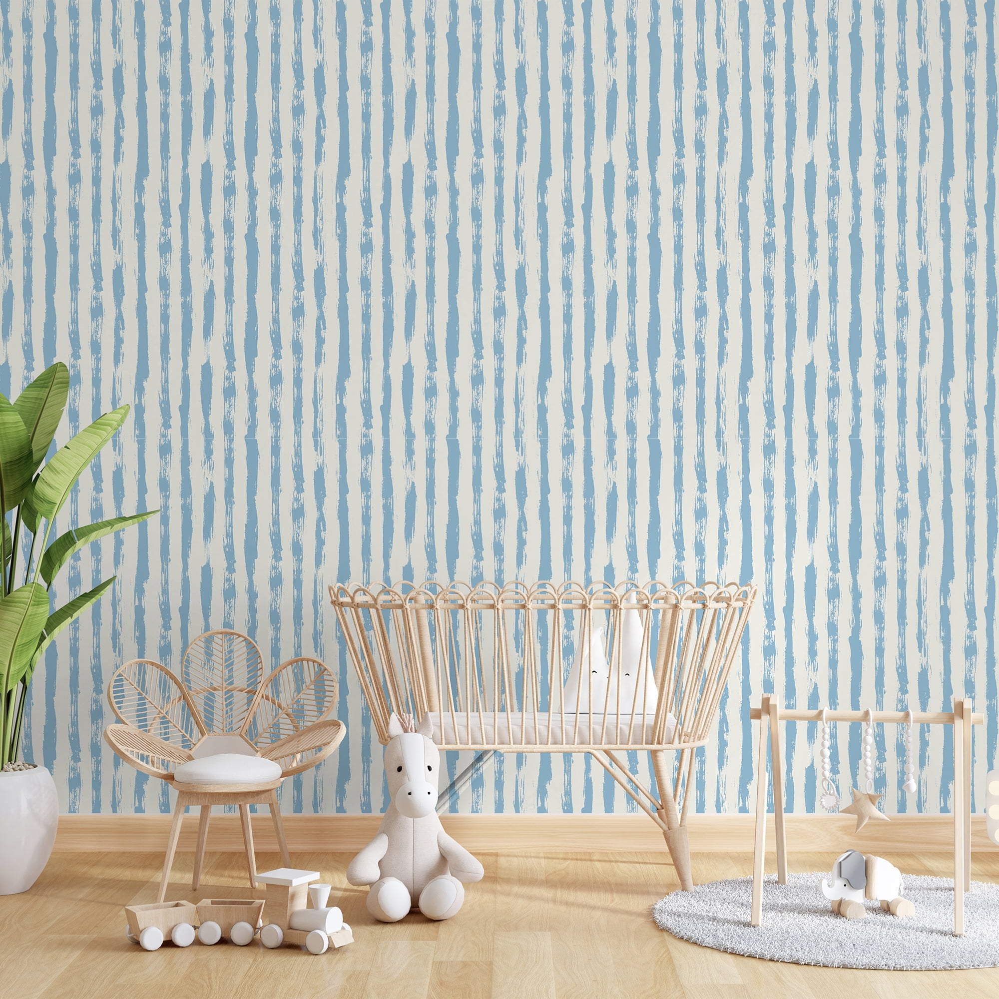 SimurgWallArts - Soft Blue Striped Peel and Stick Vinyl Wallpaper, Hand-Painted Style Nursery Mural, 19x118 in, 15,57 Sq. ft.