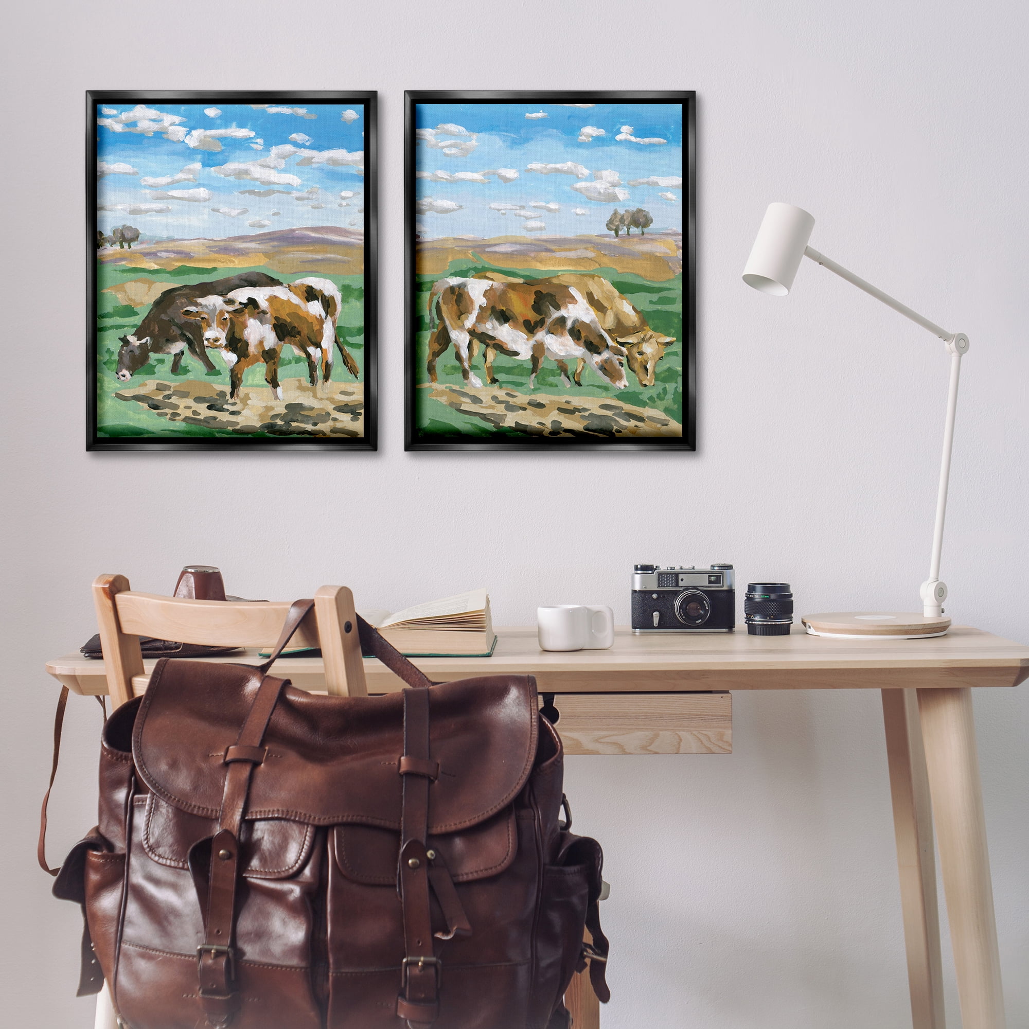 Stupell Industries Cows Grazing in Field Animals Painting Black Floater Framed Canvas Art Print Wall Art, 31 x 25, Set of 2