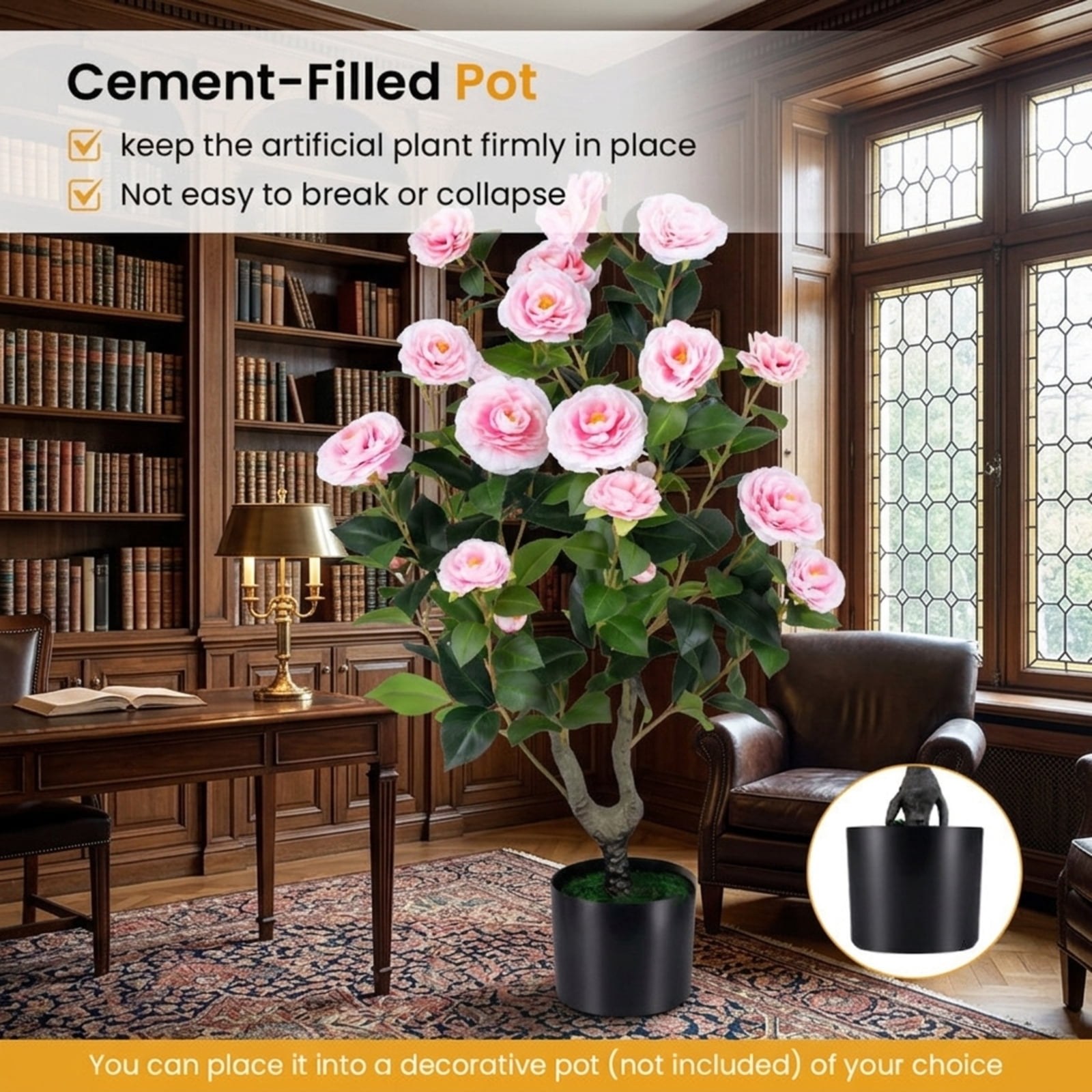 Vebreda 35.5 Inch Artificial Camellia Tree, Pink Faux Flower Plant in Cement-Filled Pot, Lifelike Fake Tree for Indoor Outdoor Home Office Decor