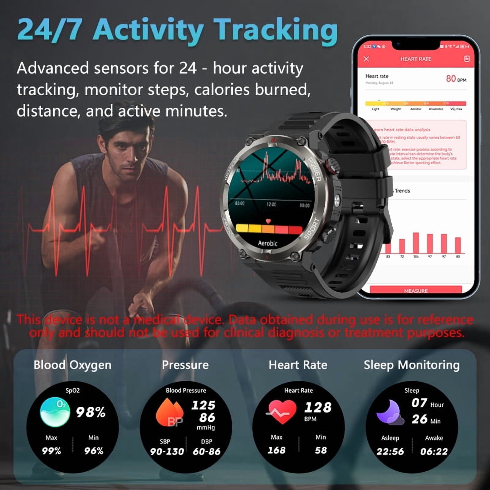 IOWODO Military Smart Watch for Men, 1.47" HD Smart Watches with Heart Rate/SpO2/Sleep Monitor, 110+ Sports Modes Fitness Tracker, 960mAH Battery Led Flashlight Outdoor Smartwatch for iOS Android