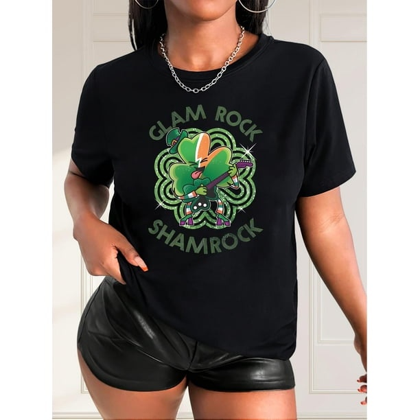 1pc Women'S Casual Crew Neck T-Shirt, Glam Rock Shamrock Print, Short Sleeve, Knit Polyester Fabric, Medium Stretch, Fashion Top for Spring/Summer/Fall