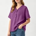 thumbnail image 3 of LEKWK Linen Tops for Women Short Sleeve Button V Neck Casual Shirts Lightweight Loose Fit Solid Summer Tops Fashion Beach Vacation Daily Outfits, 3 of 6