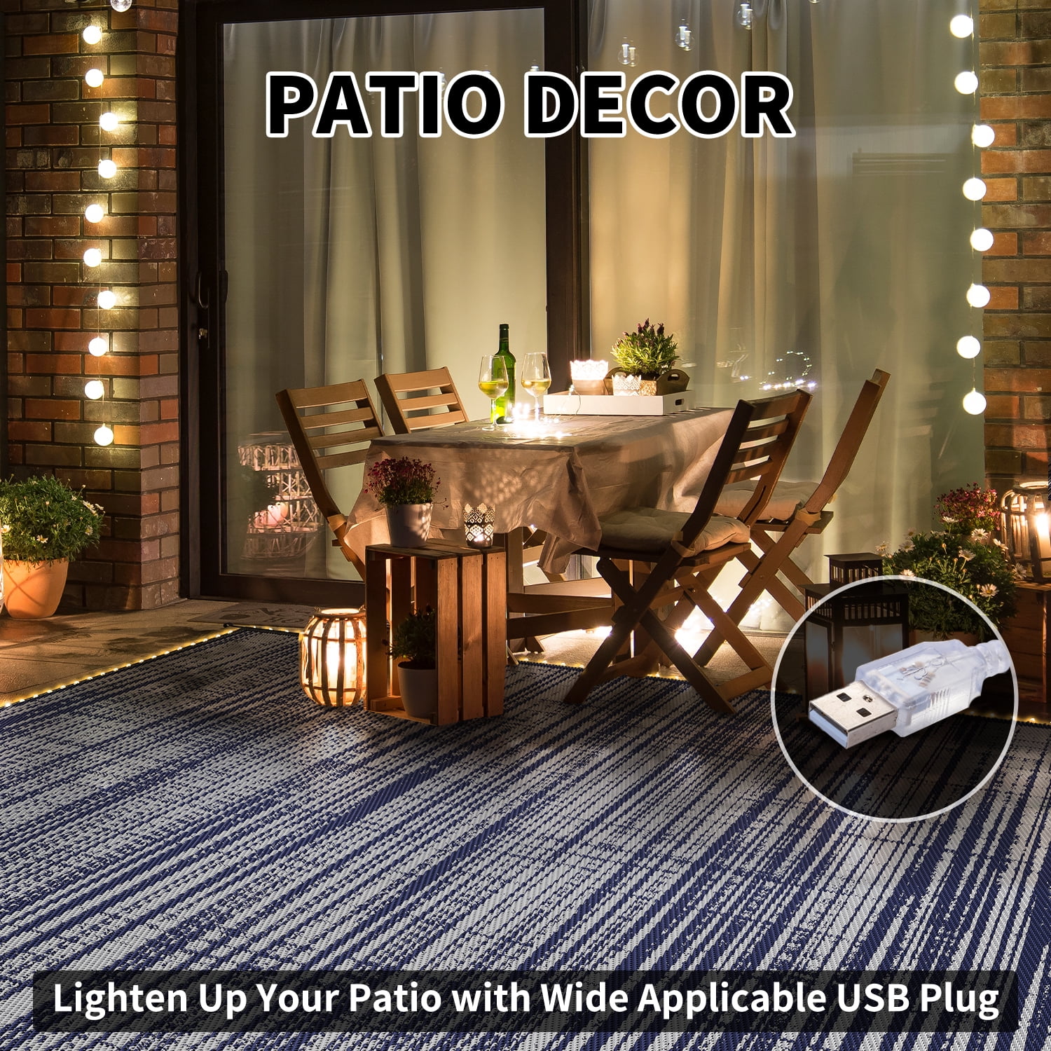 VUNATE Outdoor Rug with LED Strip Lights 8'x10' Waterproof Reversible Patio Rug Plastic Straw Lightweight Indoor Outdoor Rug for RV Camping Deck Balcony Boho Porch Decor Dark Blue and Gray