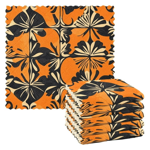 Orange Hawaiian Style Patterns Kitchen Cloth Dish Towels for Drying Washing Absorbent Dish Rags 6 Pack