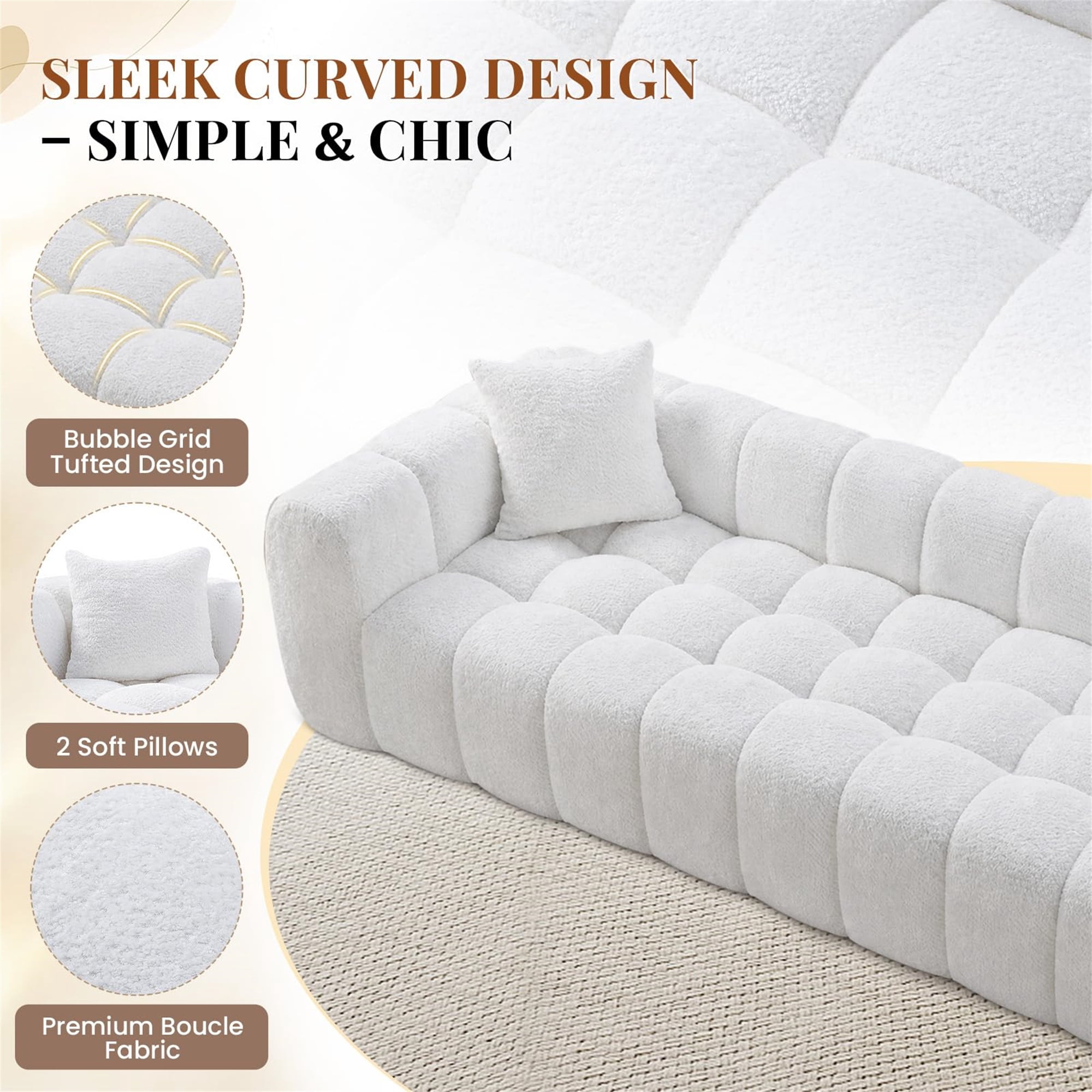 Aukfa 103" Oversized Boucle Cloud Sofa Deep Seat Boneless Couch with Square Tufted for Living Room, 2Pillows, Cream