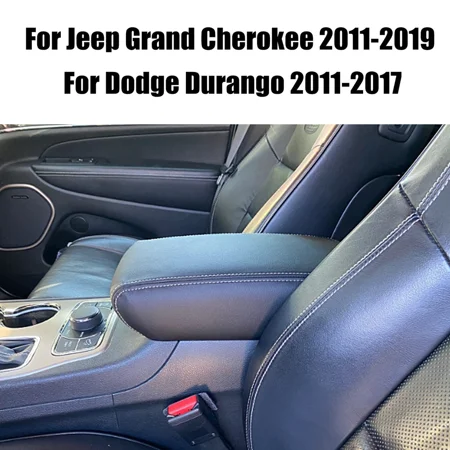 Raveoli Cart Black Microfiber Leather Center Console Lid Armrest Cover for Jeep Grand Cherokee 2011-2019 Gray Stitch Direct Fit