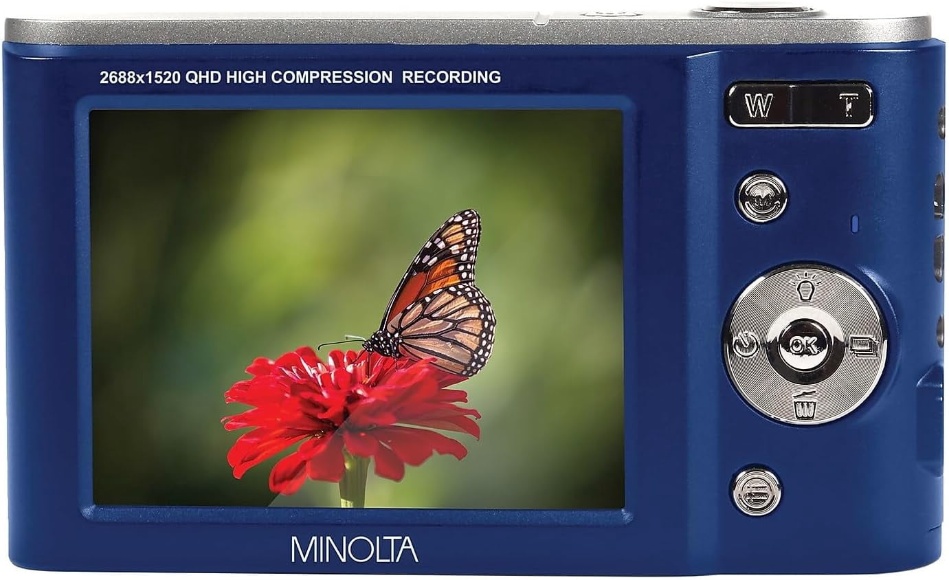 Minolta MND20 44 MP / 2.7K Ultra HD Digital Camera (Blue) + 32GB Memory Card + 12" Tripod + Memory Card Wallet + More Bundle