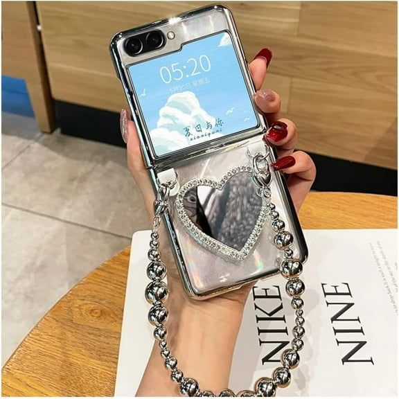 Sparkle Magnetic Case for Samsung Galaxy Z Flip 5 2023 with Chain, Women Girls Cute Bling Glitter Phone Case Love Electroplated Mirror 3D Handmade with Bracelet Keychain