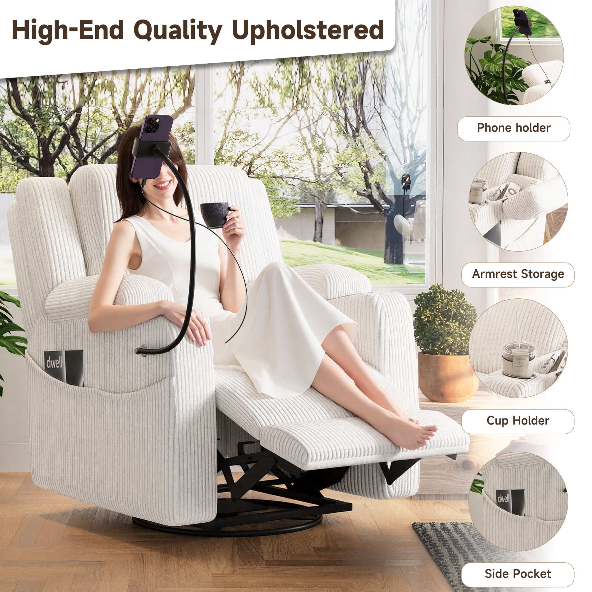 Leumius Recliner Chair with Heat and Massage,270° Swivel Rocker Recliner with Phone Holder & USB Ports,Single Rocker Sofa Nursery Glider with Hidden Storage, Side Pockets, Cup Holder,Beige