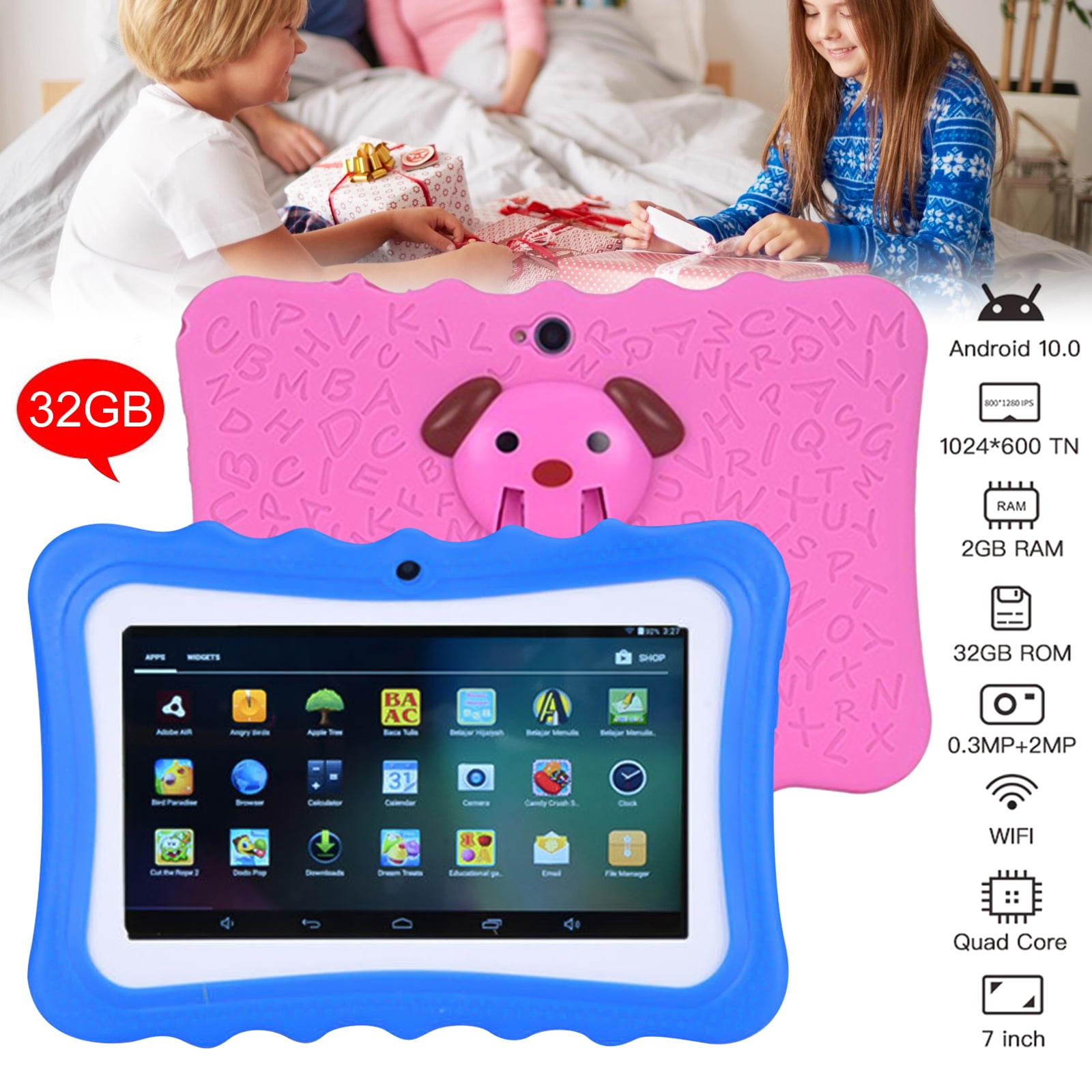 7" Kids Tablets, 2GB+32GB Storage Smart Tablets for Children Educational with Shockproof Case (Bluetooth, Wi-Fi, Android, Dual Camera, Pink)