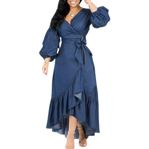 utcoco 2028 Womens Casual Belted Long Sleeve Denim Dress Blue-XXL