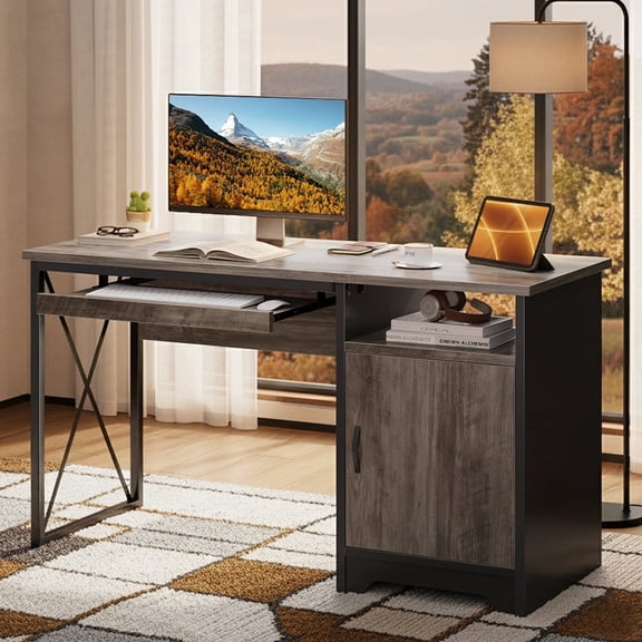Bestier Home Office Desk 47" Computer Desk Small PC Table with Keyboard Tray and Storage Cabinet,Wash Gray