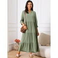 thumbnail image 3 of DARING DIVA 3/4 Sleeve V Neck Tiered Loose Fit Maxi Dress S Army Green, 3 of 6