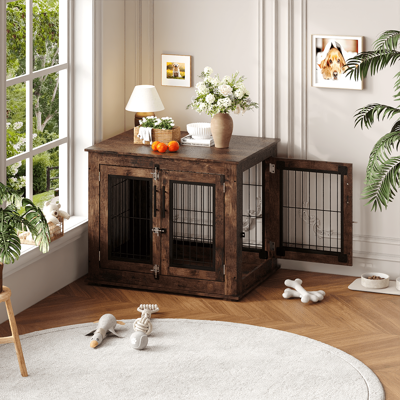 31.5" Wooden Dog House Furniture with 2 Doors – Chew-Resistant Indoor Kennel End Table, for Small & Medium Dogs – Rustic Brown