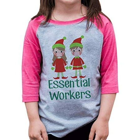 

7 ate 9 Apparel Girls Funny Essential Worker Elf Pink Raglan Tee