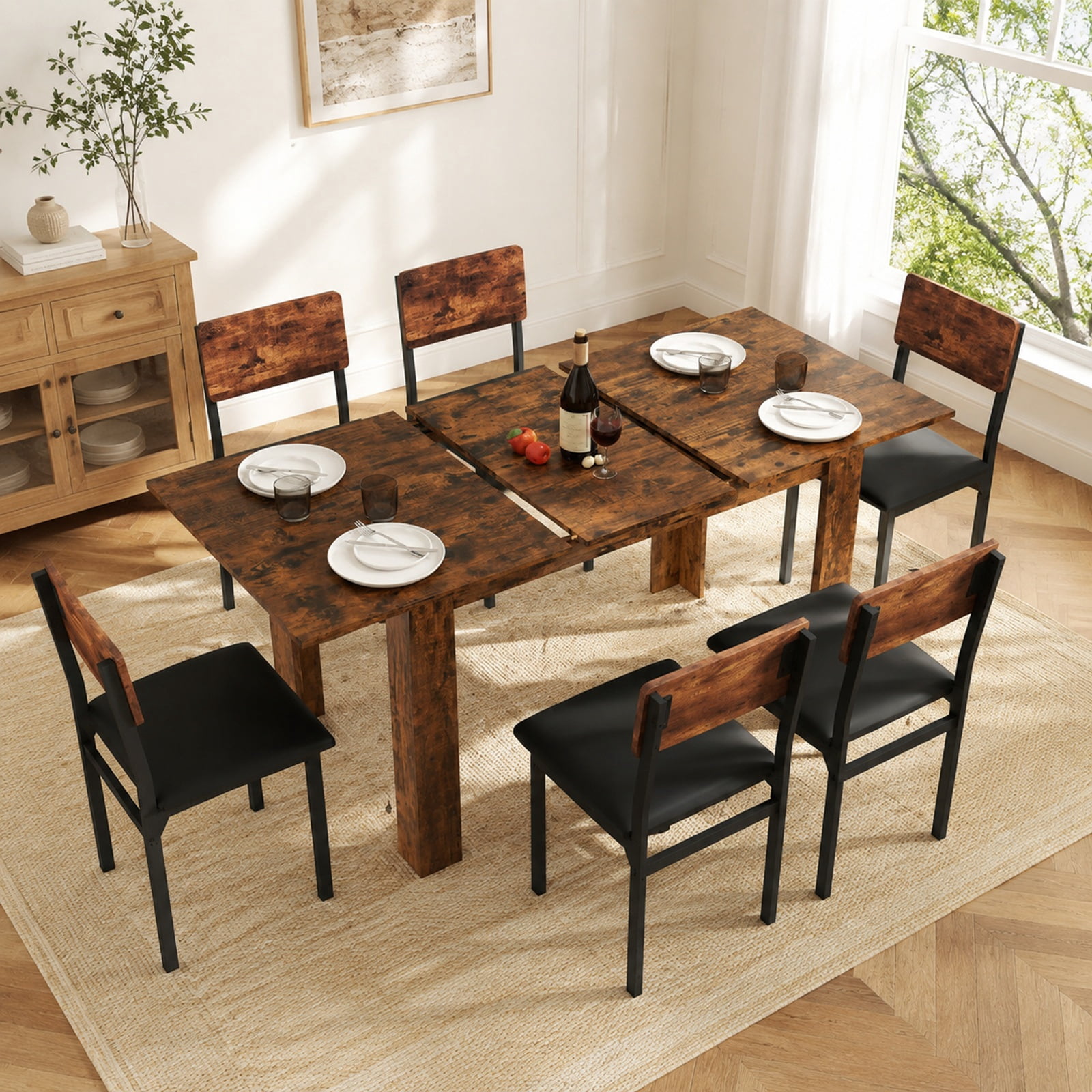 Furnibear Extendable Dining Table for 4 to 8 People with Sliding Rails and Thick L Shaped Legs for Kitchen and Dining Room, Rustic Brown