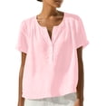 thumbnail image 2 of Craaazy Women's Casual V Neck Blouse, Solid Color Short Sleeve Cotton Linen Top, Loose Fit Comfy Henley Tunic for Daily Wear Gifts, 2 of 9