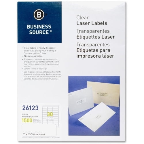 Business Source Clear Laser Print Mailing Labels Permanent Adhesive - 1' x 2.75' Length - Rectangle - Laser - Clear - 30 / Sheet - 1500 / Pack