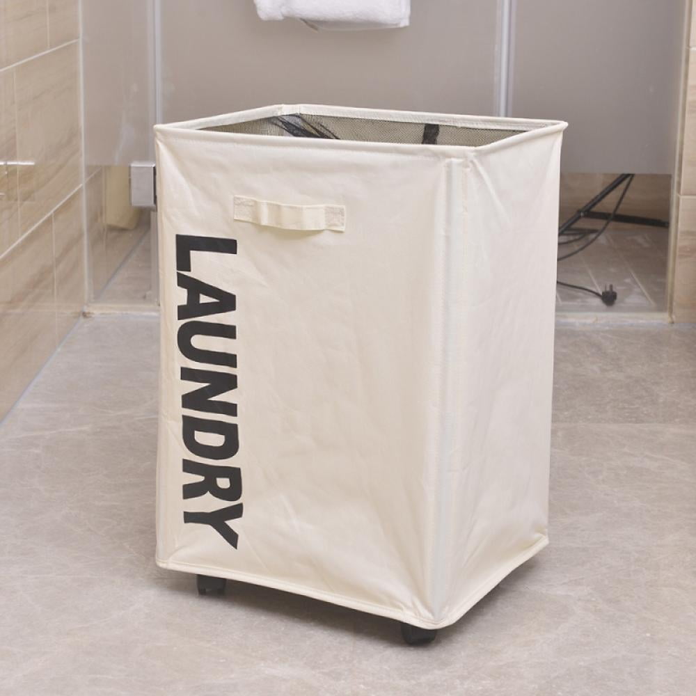 Laundry Basket With Handle On Wheels, Foldable Corner Storage Bins Dirty Clothes Hamper For Laundry Room Organization, Collapsible Rolling Laundry Hamper (White,Square)