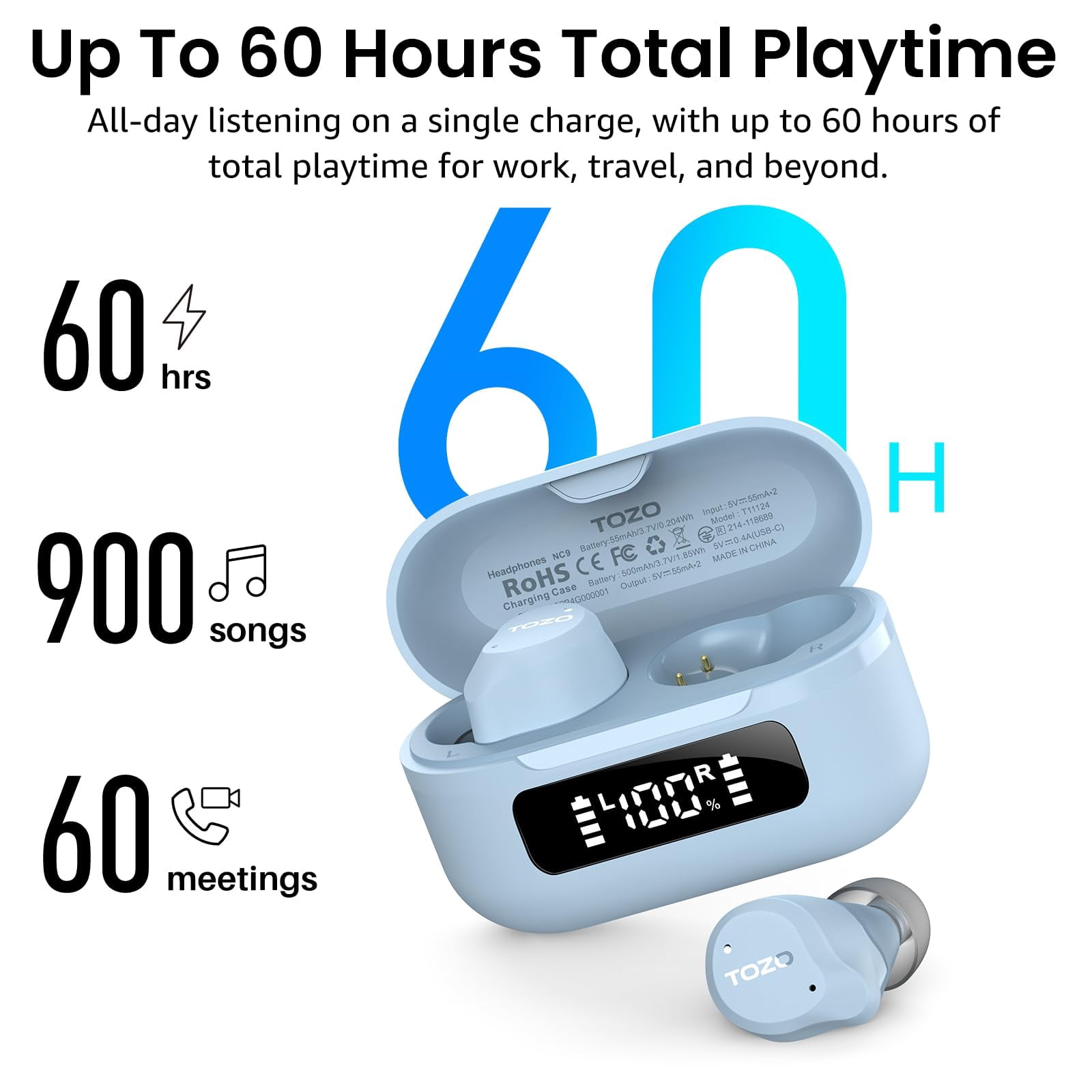 TOZO NC9 Hybrid Active Noise Cancelling Wireless Earbuds, 6 Mics ENC Clear Call, 60H Play, IPX8 Waterproof, Stereo Bass, APP-32EQ, LED Display, Light Blue