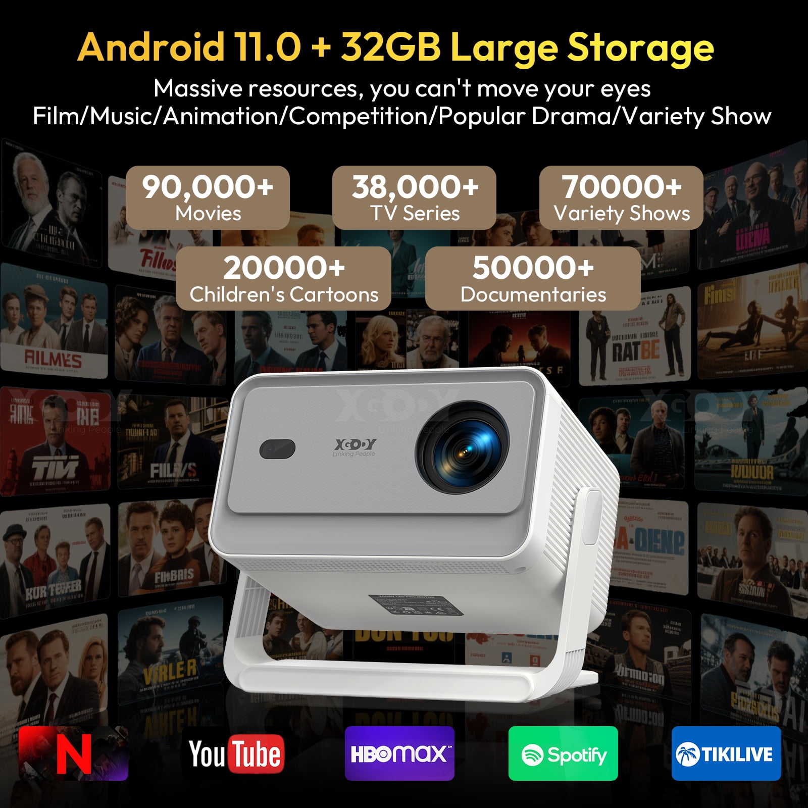 XGODY A6 Pro 1080P 650 ANSI Smart Projector with WiFi and Bluetooth, Auto Focus Aspect Ratio 16:9 for Outdoor Camping/Gaming, 1.3KG White, 1 Count.