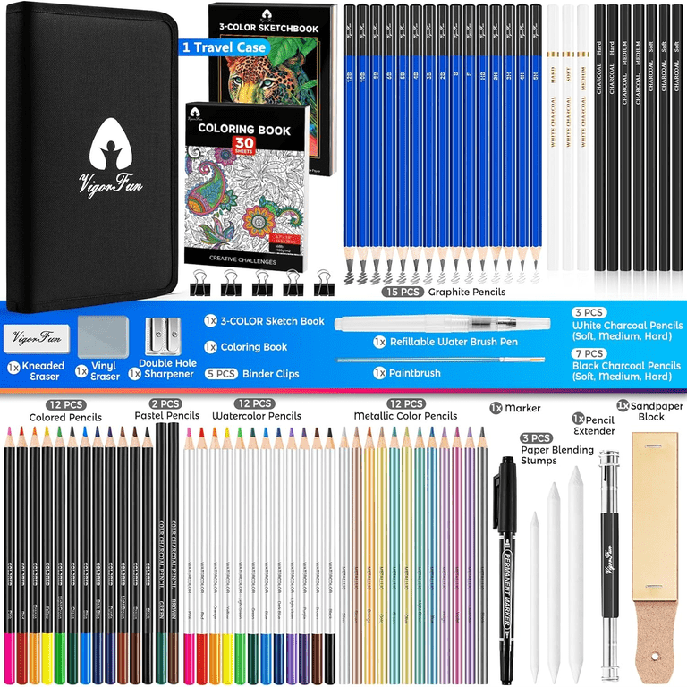 Oytra 42-Piece Professional Pencil Sketching Kit - Graphite & Charcoal Pencils, Stumps, Erasers, Sharpeners In Zippered Case