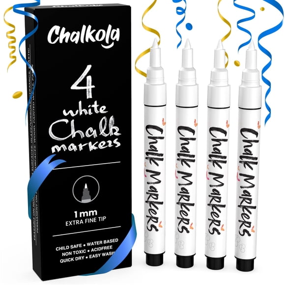 Rotuladores de tiza Chalkola con punta extrafina, color blanco (paquete de 4 unidades, 1 mm)