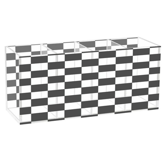 Black and White Check Acrylic Pen Holder 4 Compartments Clear Pencil Organizer Cup Makeup Brush Holder for Office Desktop Dorm Home
