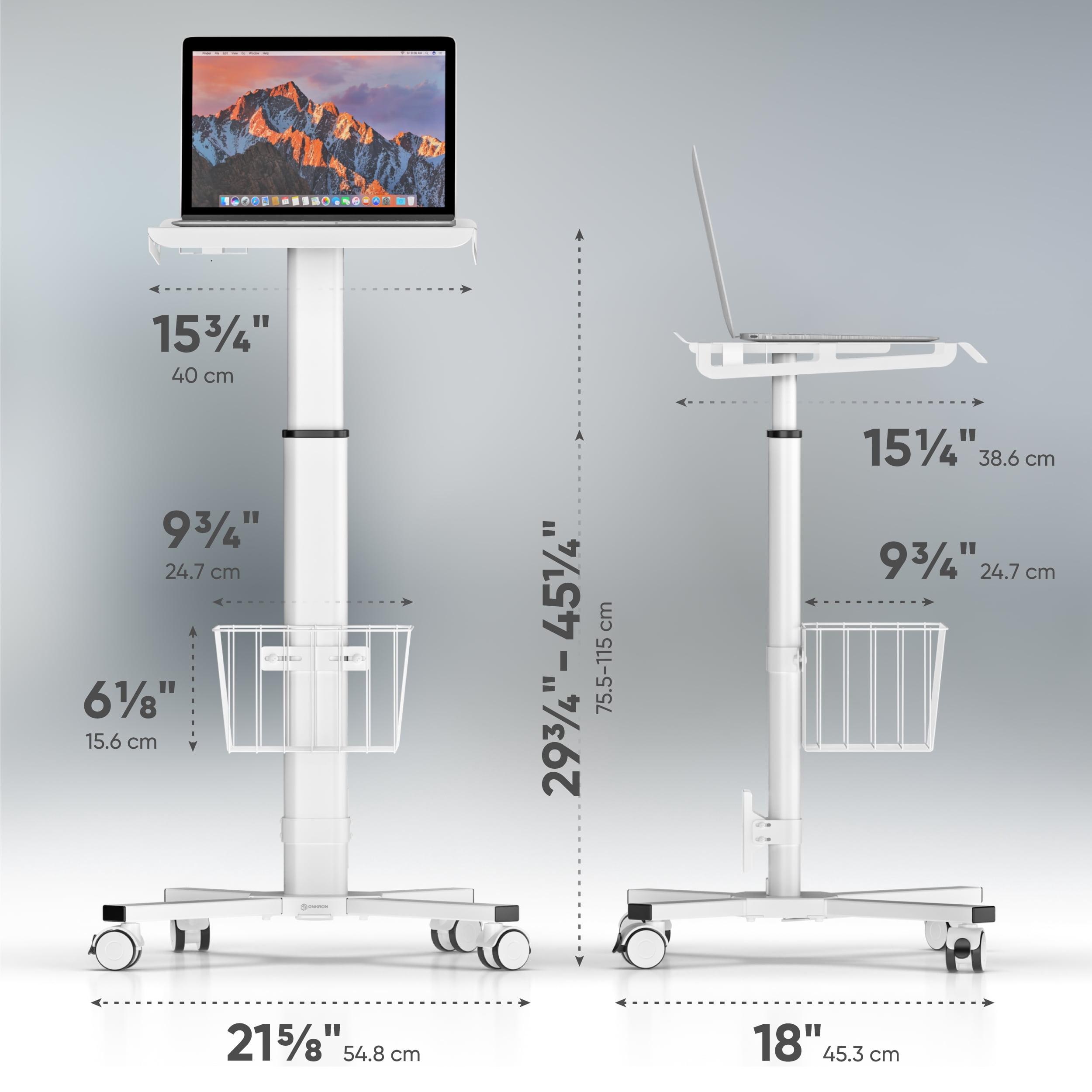 ONKRON Rolling Laptop Stand - Computer Cart with Wheels - Standing Desk On Wheels - Foot Pedal Pneumatic Desk - Rolling Desk Adjustable Height - Utility Medical Cart - Desk Load up to 17.6 Lbs, White