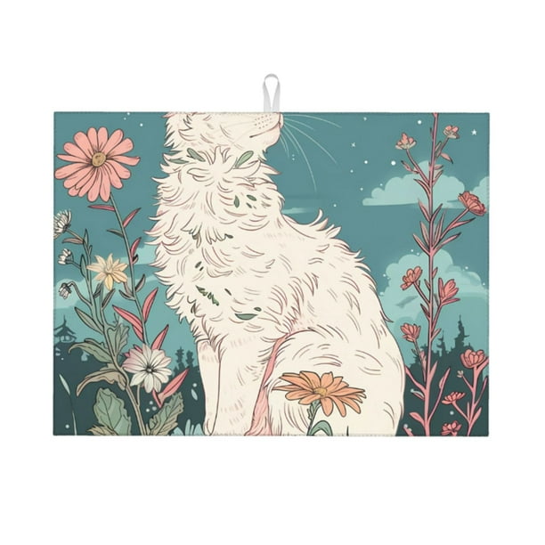 Balery Celestial Cat And Flowers Alfombrilla de Secado para Cocina, 18x24 Pulgadas, Súper Absorbente para Platos y Encimeras