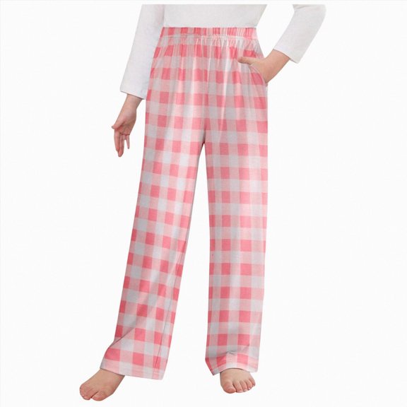NOLDARES Girls Checkered Pants Wide Leg Kid Drawstring Baggy Sweatpant Elastic Waist Straight Trouser with Pocket(Pink,8-9 Years)