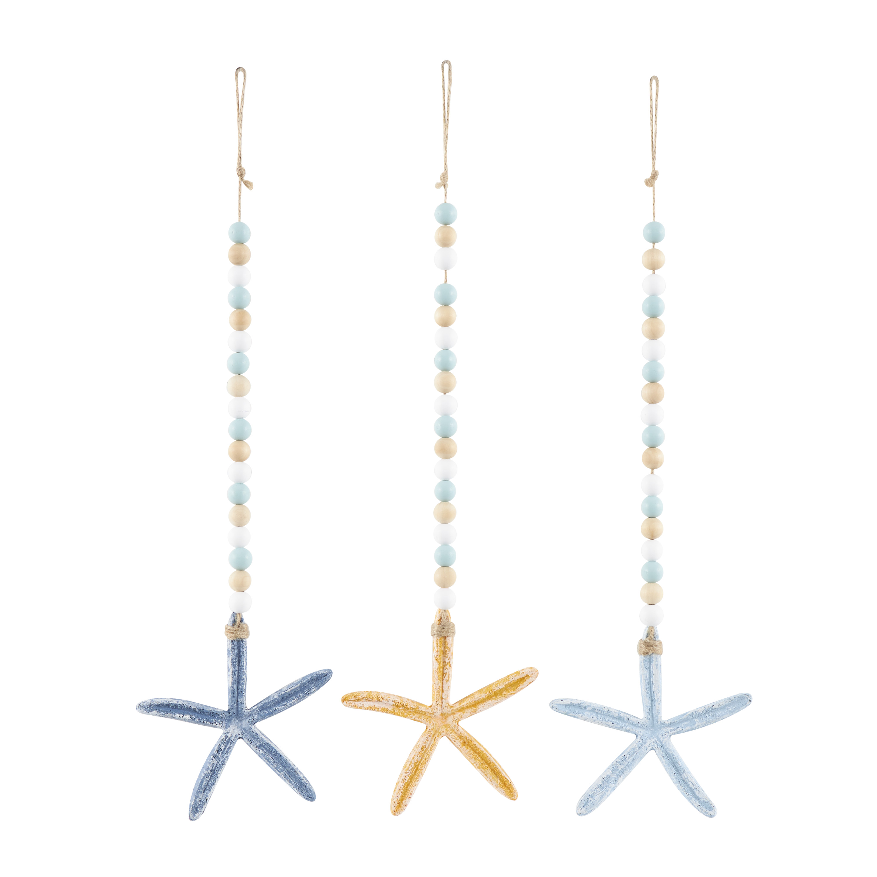 DecMode Blue Wood Handmade Textured Starfish Wall Decor with Long Beaded Hanging Rope (3 Count)