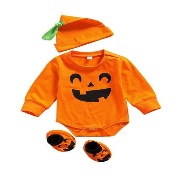 MesaSe Baby Halloween Fashion Warm Romper Long Sleeves Pumpkin Print Clothing with Hat and Shoes Cute Gift