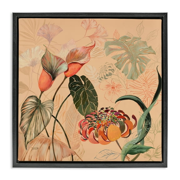 Stupell Industries Layered Tropical Foliage Floral Painting Black Floater Framed Canvas Art Print Wall Art, 18 x 18