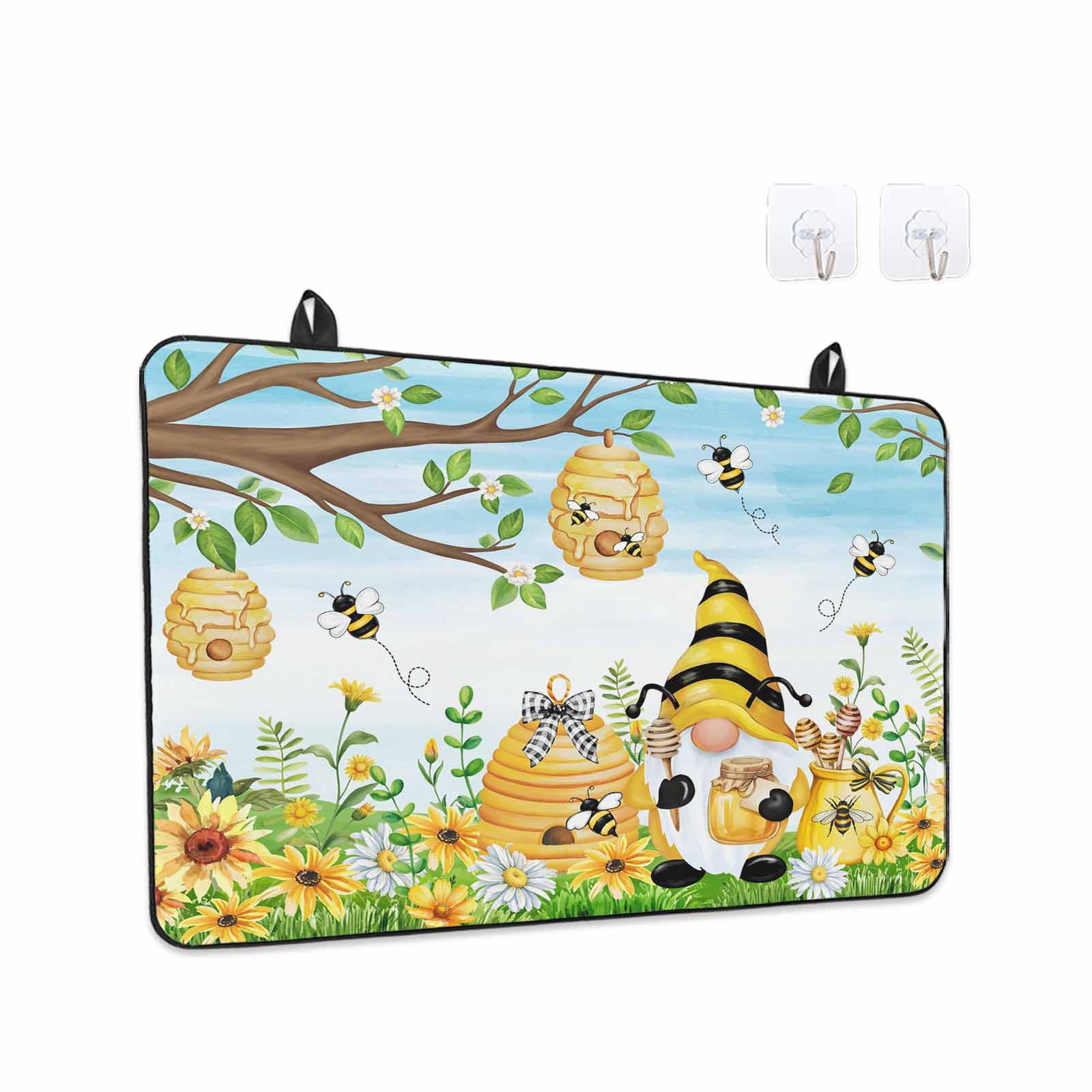 Yellow Daisy Gnomes Stove Top Cover for Electric Stove, Heat-proof & Non Slip Glass Top Stove Cover Protector, Pastoral Bees Floral Botanical Blue Kitchen Flat Cooktop Rubber Mat 24x21 Inches