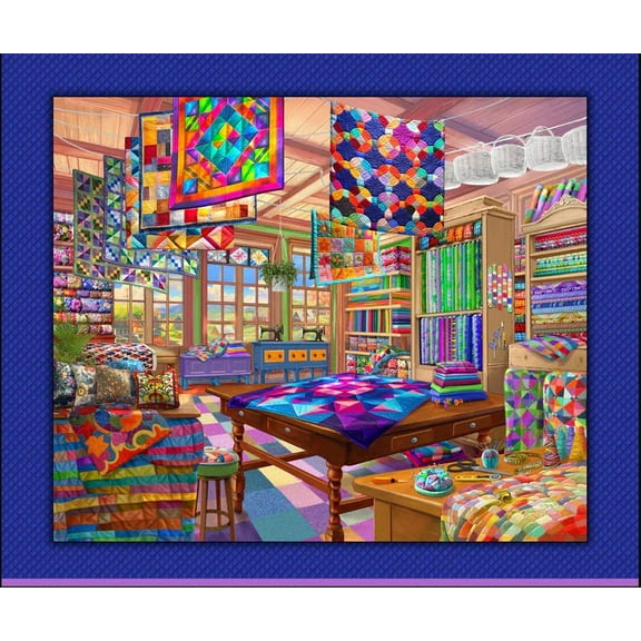 36" X 44" Panel Love of Quilting Quilts Sewing Machines Scene P&B Textiles Cotton Fabric Panel (05994-PA)