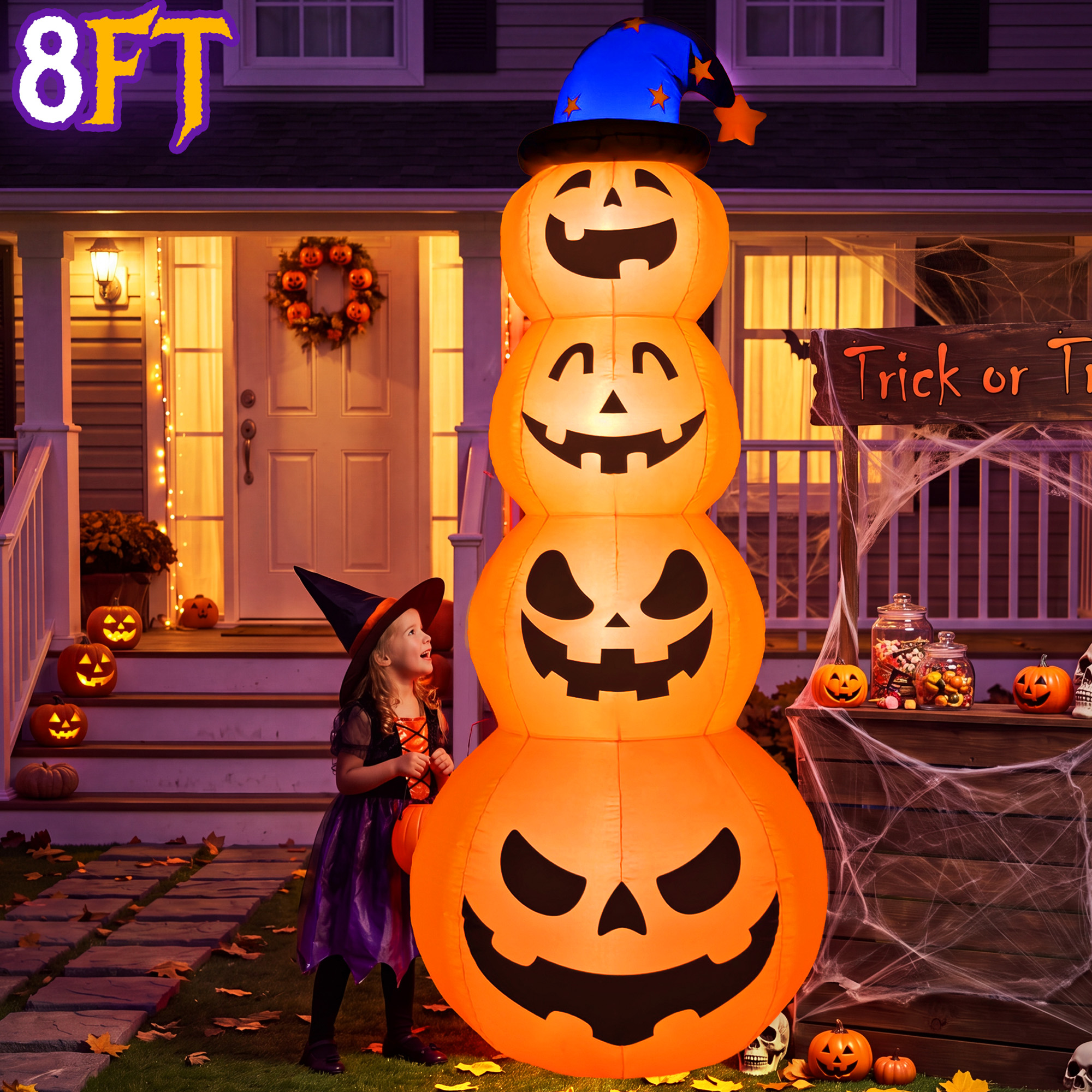 Qunler 8 Ft Halloween Pumpkin Stack Inflatable with Witch Hat