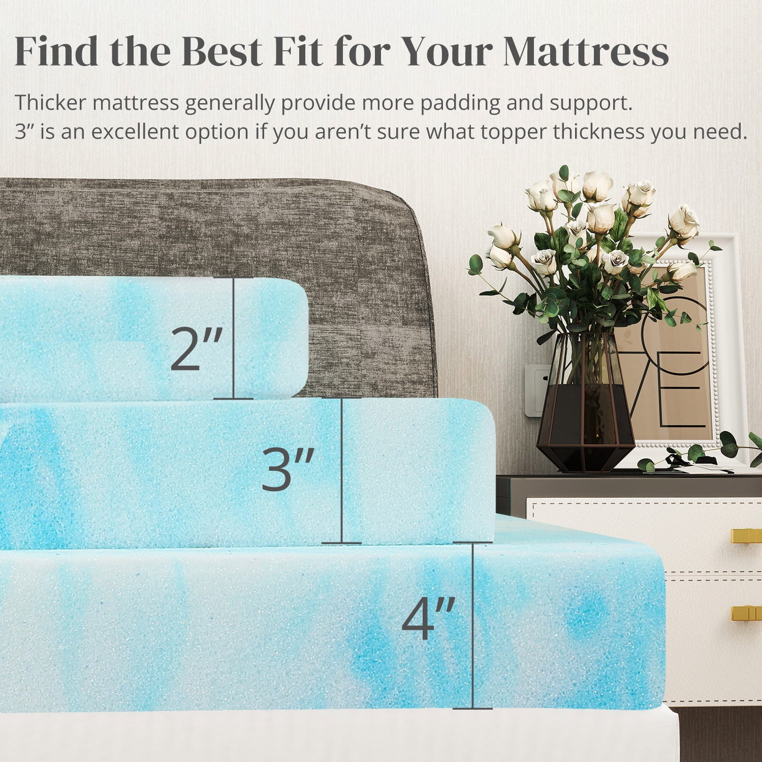 3 inches Queen Size Cooling Gel-infused Memory Foam Mattress Topper for Pressure Relief