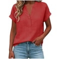 thumbnail image 5 of Miluxas Women's V-Neck Cotton Linen Shirt Top Summer Casual Cap Sleeve Loose Fit Blouse Solid Comfy Business Tunic Blouse Red, 5 of 6
