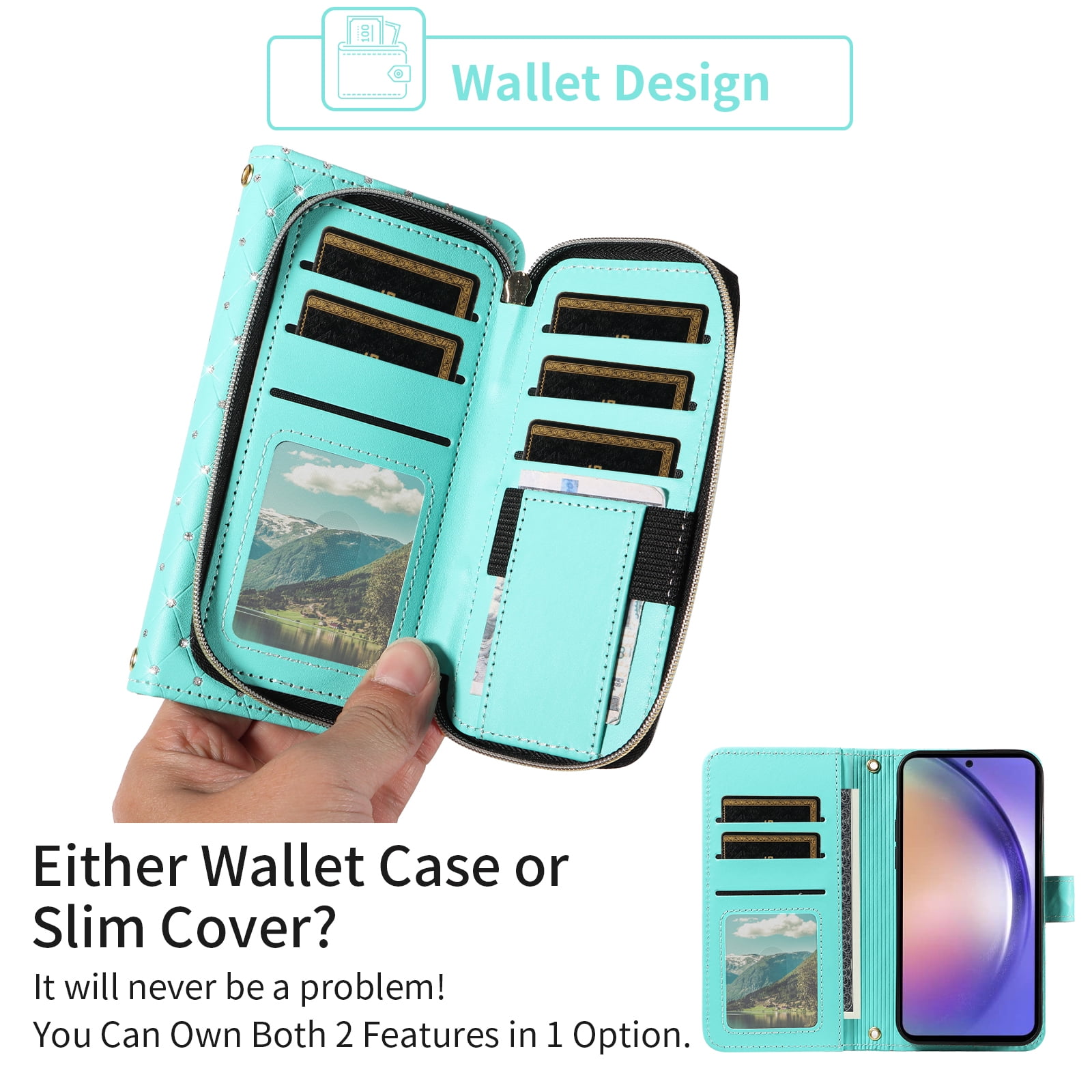 Compatible with Samsung Galaxy A54 5G Wallet Phone Case Tempered Glass Screen Protector Bling Glitter Crossbody Lanyard Strap Flip Zipper Purse Card Holder Cell Cover for A 54 54A SMA546U Women Green