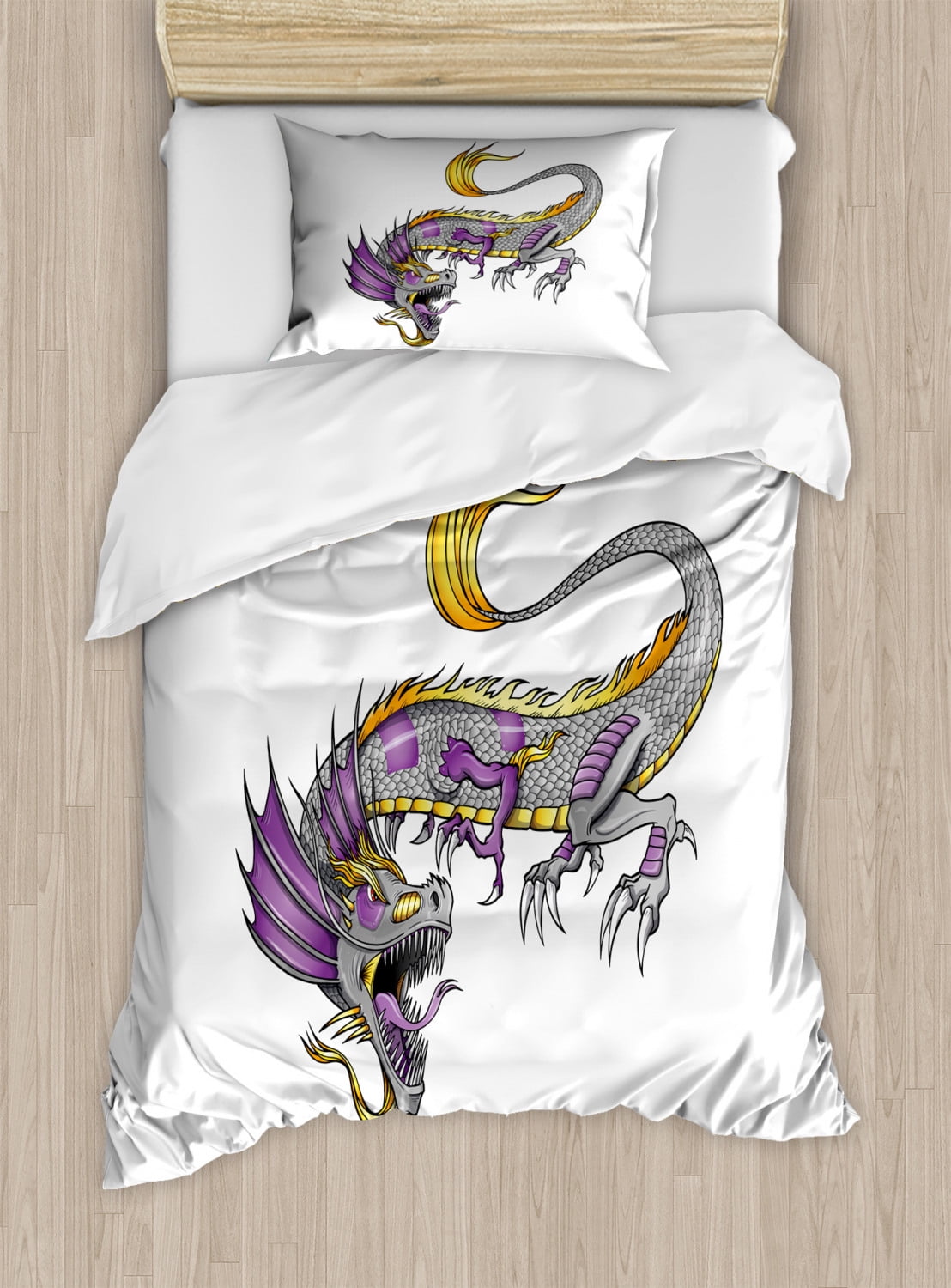 Japanese Dragon Duvet Cover Set, Ethnic Far Eastern Beast Fiery Monster