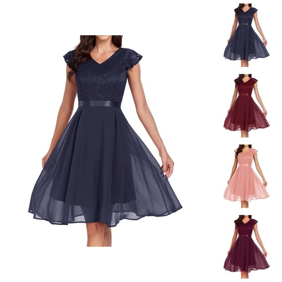 Flowy Cocktail Dresses for Women Cap Sleeve V Neck Lace Contrast Chiffon A Line Midi Dress Wedding Guest Dress