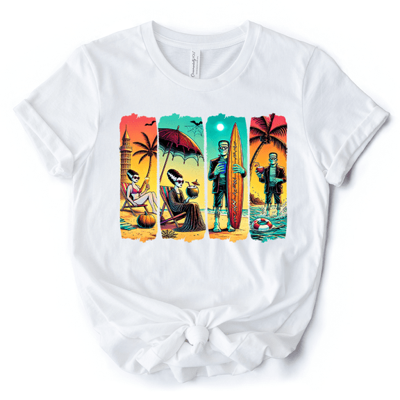 Frankenstein's Beach Vacation T-Shirt, Retro Neon Surf Style Tee for Horror Fans with Summer Vibes
