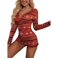 thumbnail image 2 of Women Christmas Printed Pajamas Romper Long Sleeve Playsuit Deep V Neck Bodysuit Jumpsuit Sexy Sleepwear Overall Xmas Holidays, 2 of 4